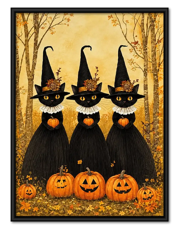 Three Black Cats in Witch Hats Wall Art