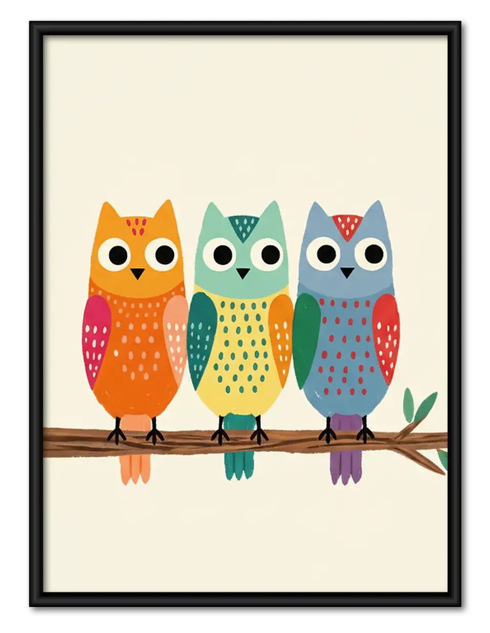Three Colorful Owls on Branch Wall Art 1