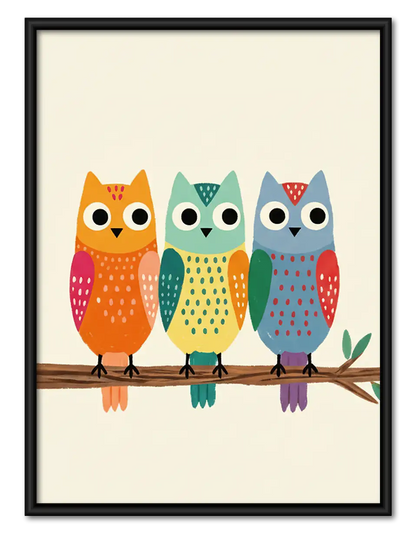 Three Colorful Owls on Branch Wall Art 1