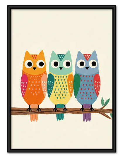Three Colorful Owls on Branch Wall Art