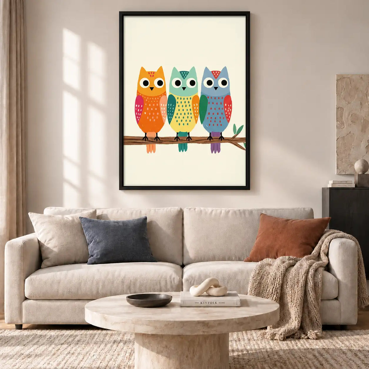 Three Colorful Owls on Branch Wall Art 2