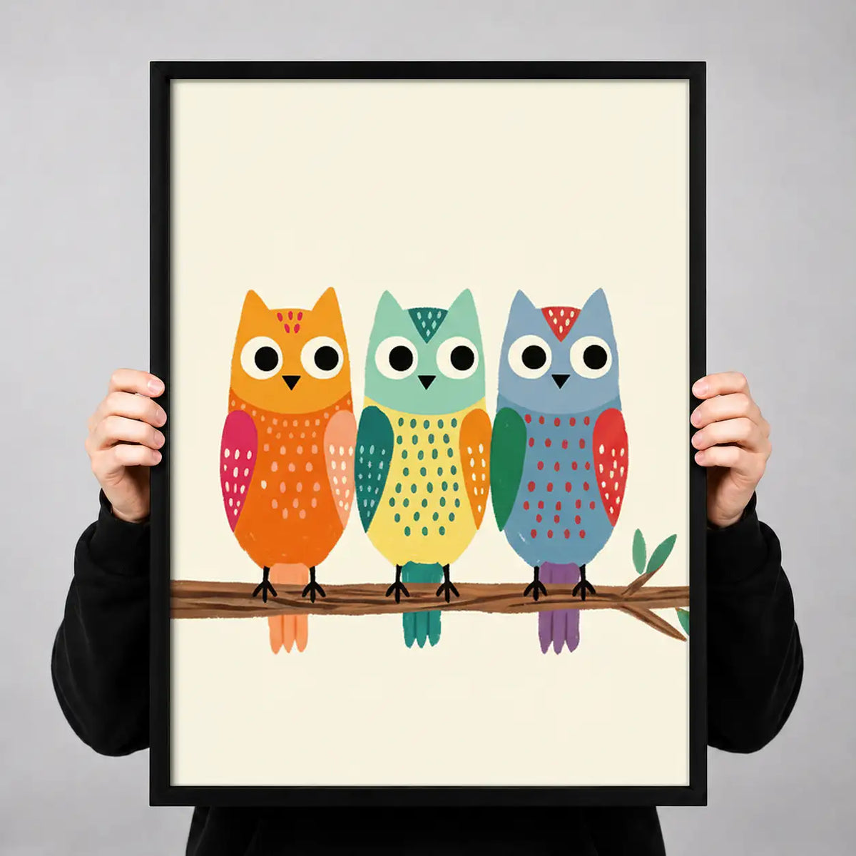 Three Colorful Owls on Branch Wall Art 3