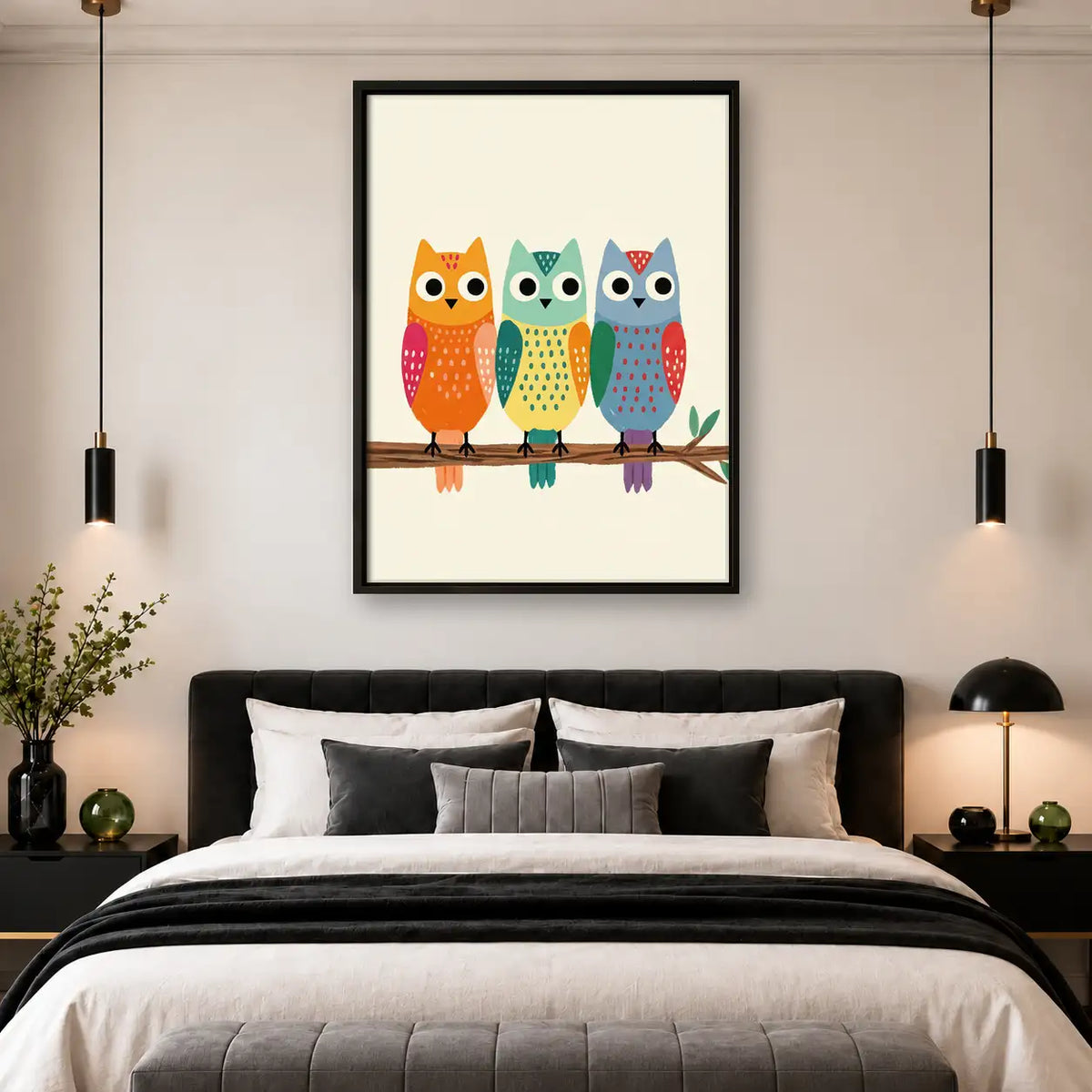 Three Colorful Owls on Branch Wall Art 4