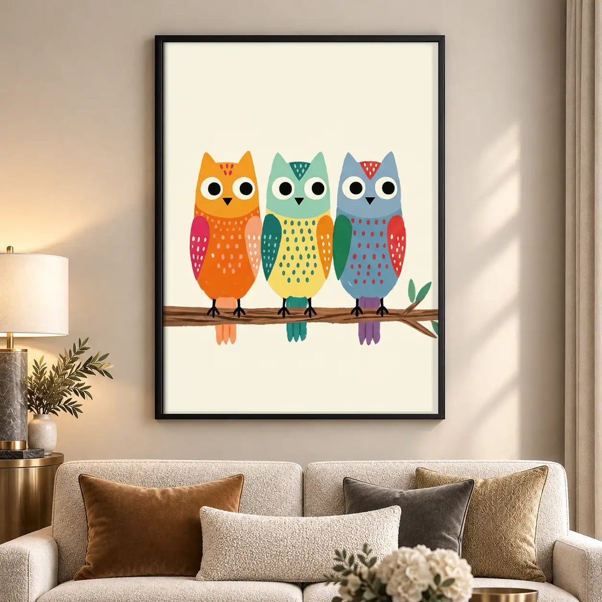 Three Colorful Owls on Branch Wall Art 5