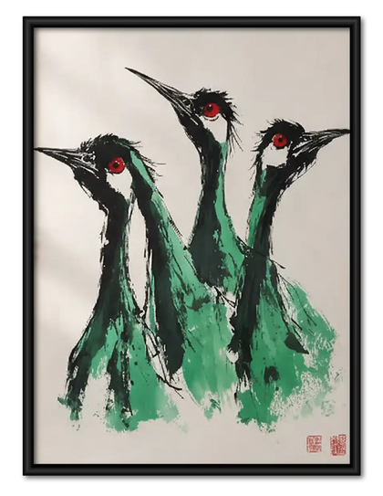 Three Dancing Crane Birds Wall Art