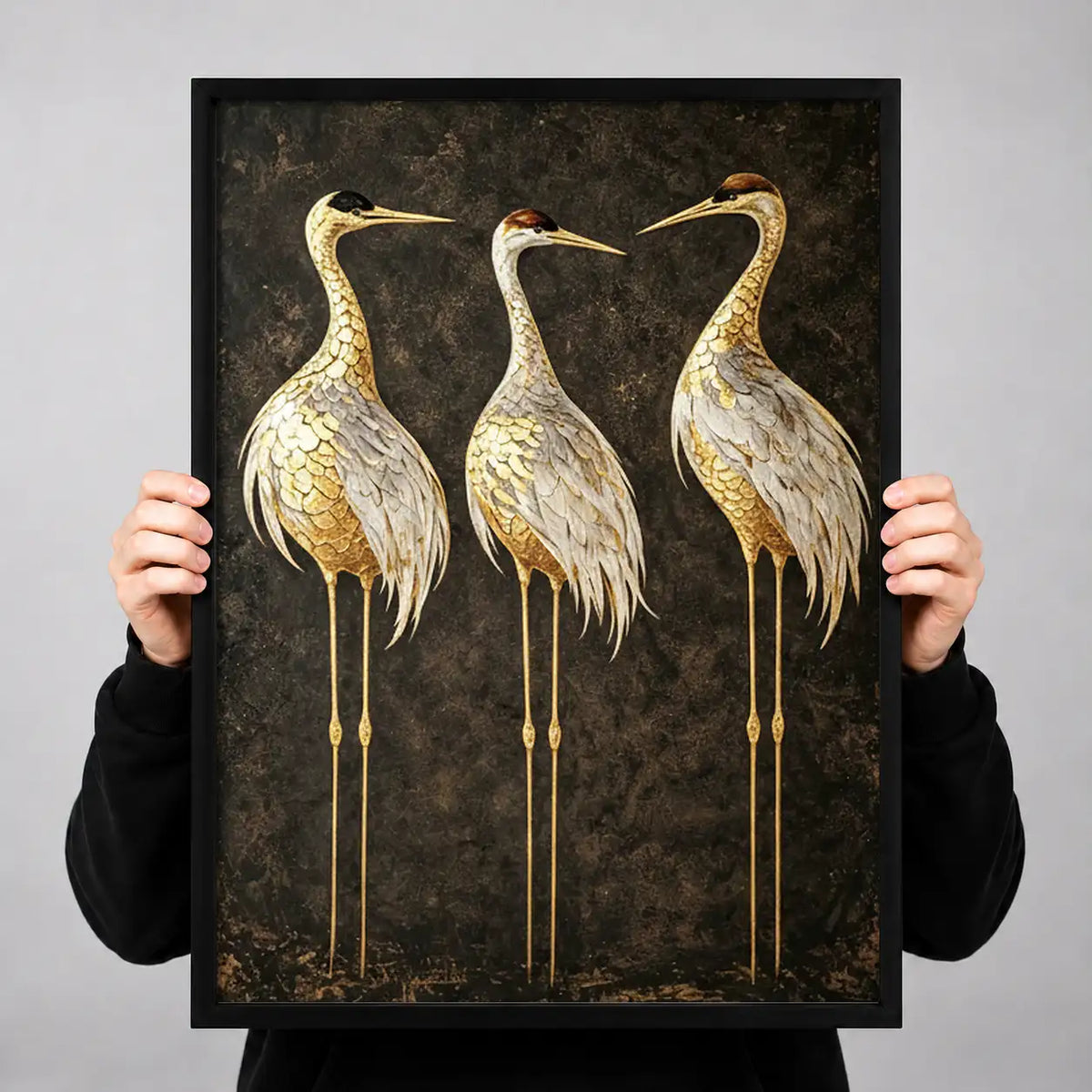Three Elegant Golden Cranes Wall Art 3