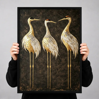 Three Elegant Golden Cranes Wall Art 3