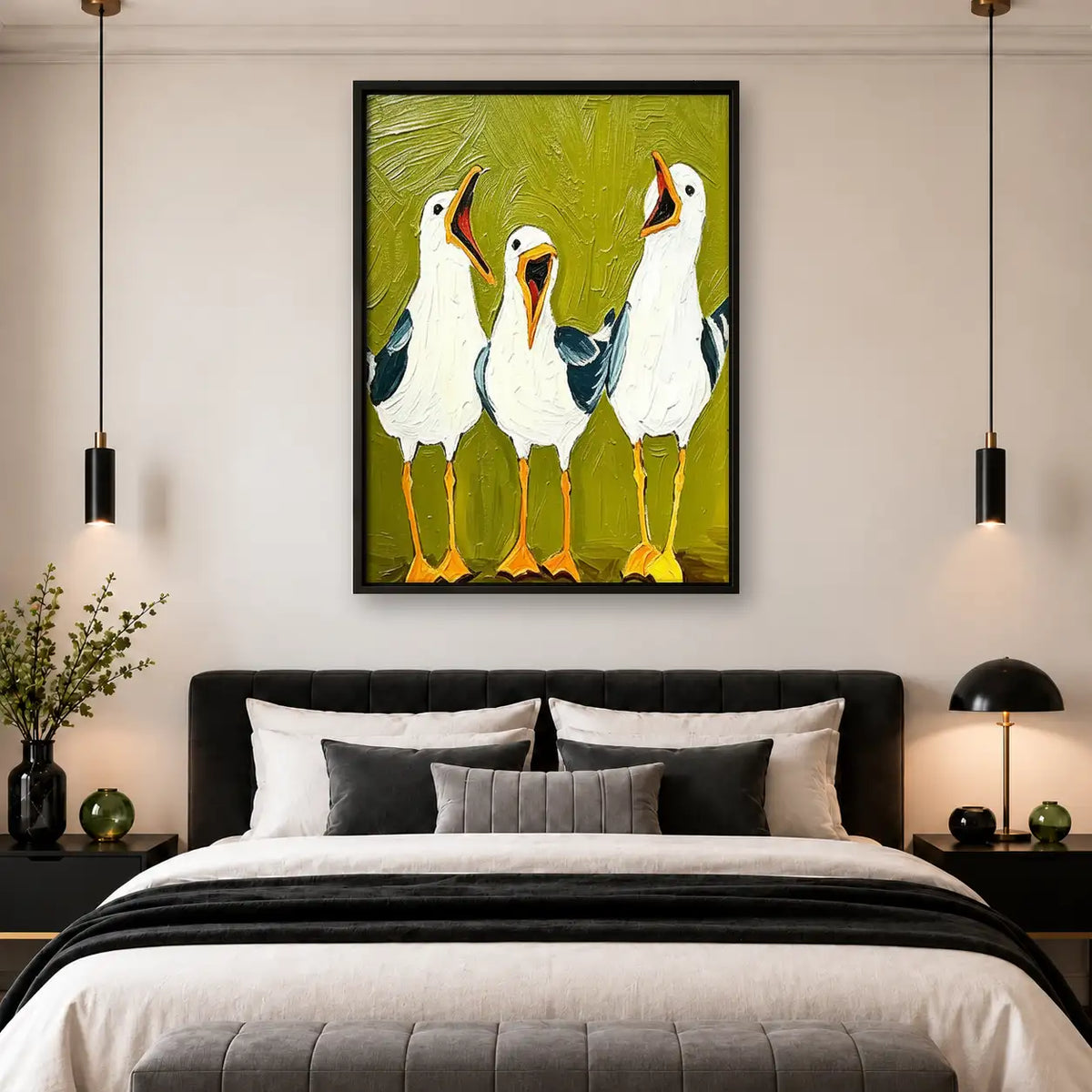 Three White Geese on Green Wall Art 4