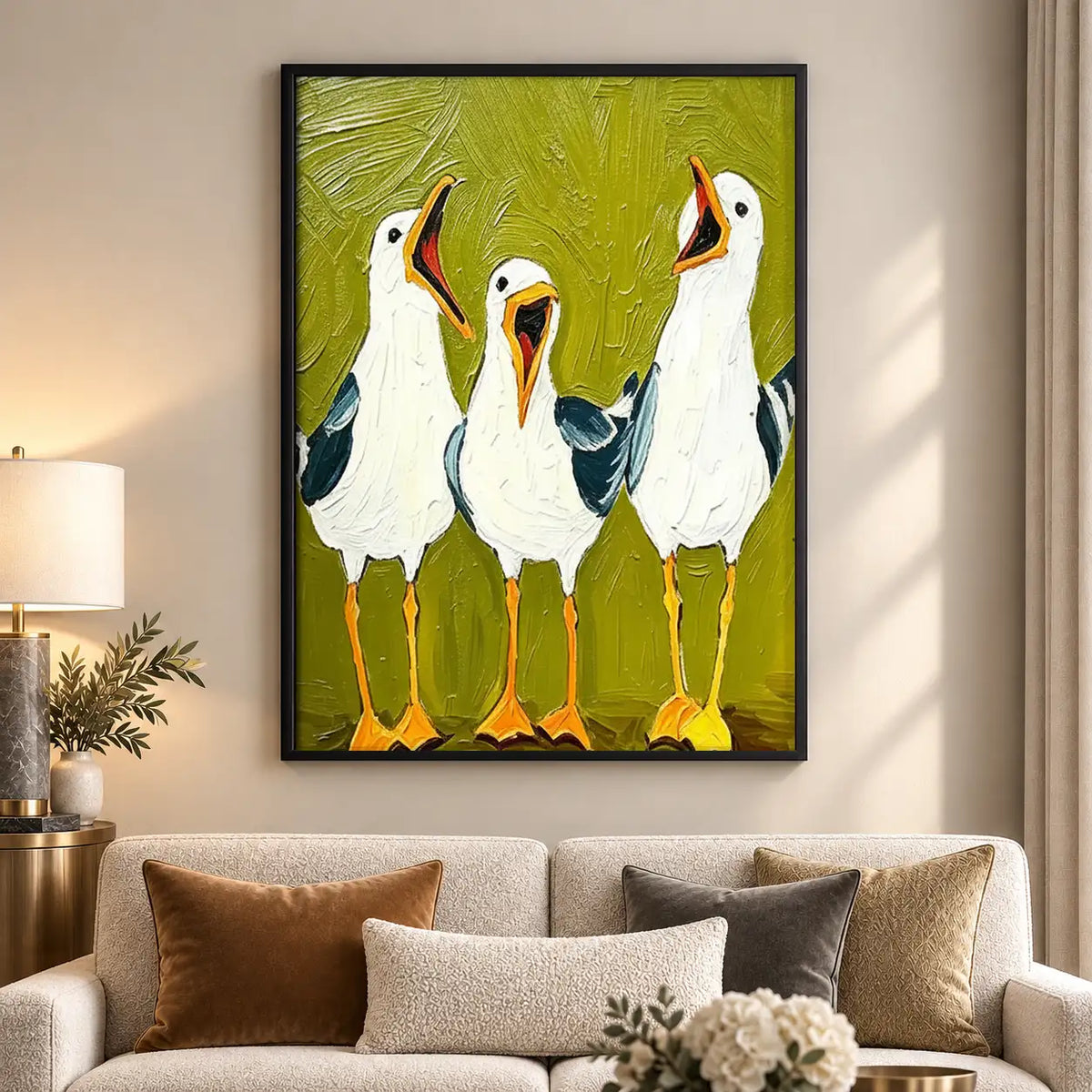 Three White Geese on Green Wall Art 5