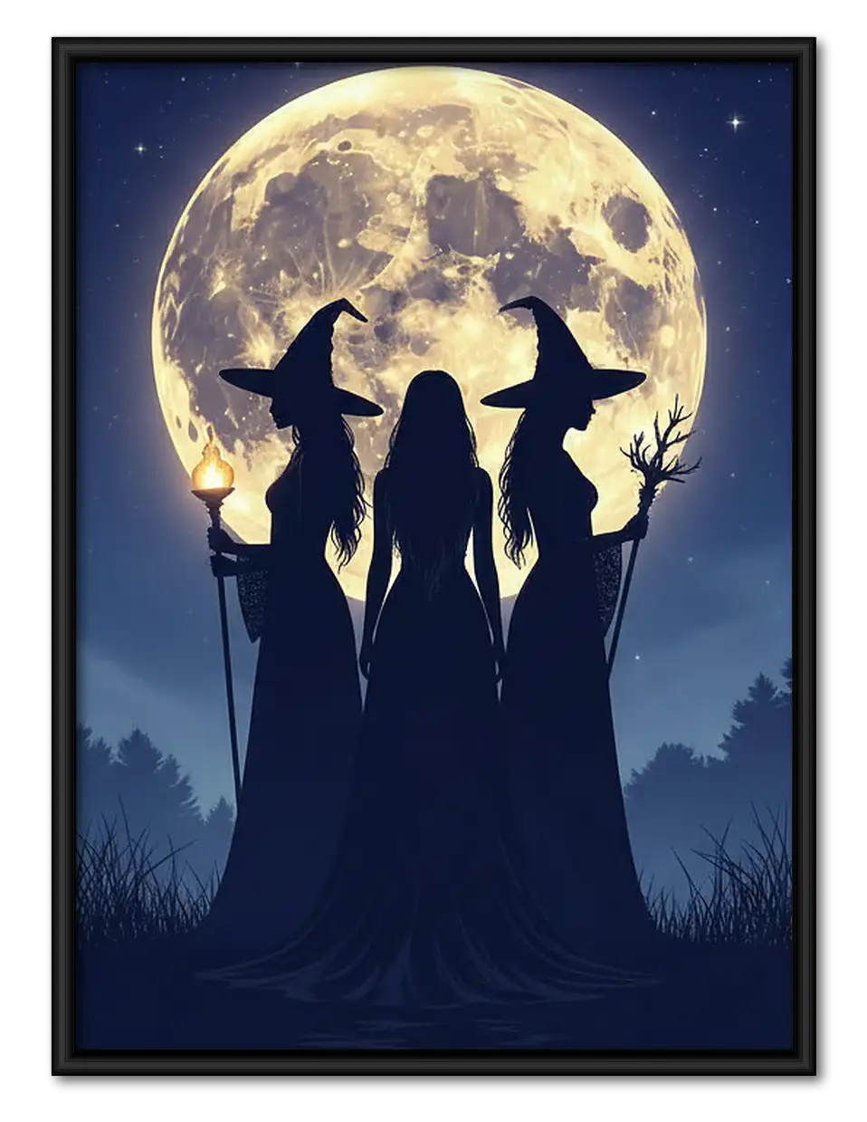 Three Witches Silhouetted Against Full Moon Wall Art 1