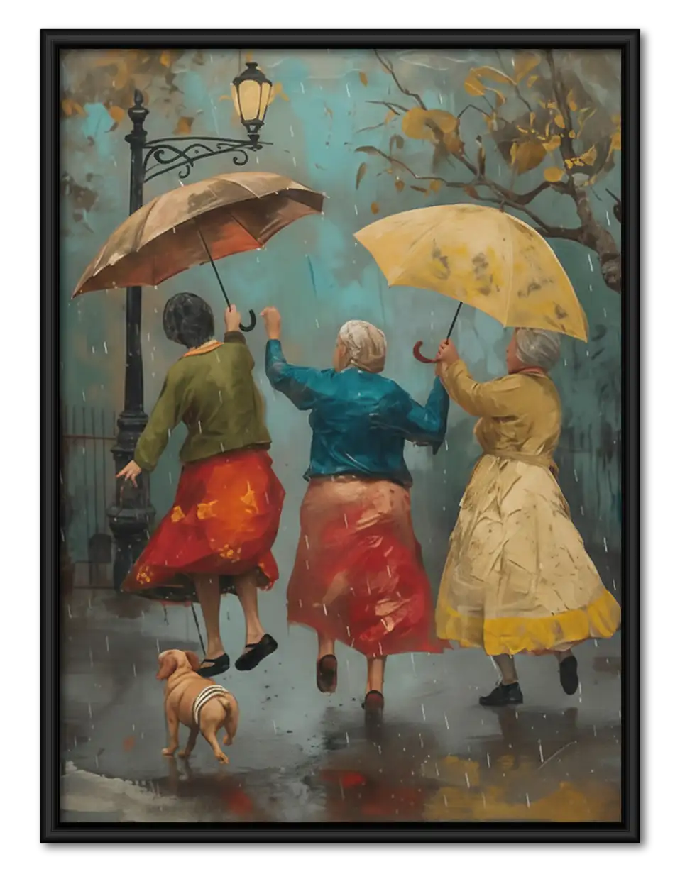 Three Women Walking in Autumn Rain Wall Art 1