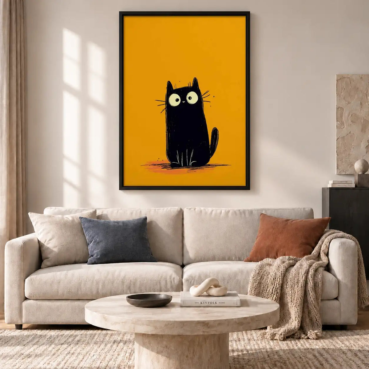 Tiny Black Cat on Yellow Wall Art 2