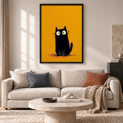 Tiny Black Cat on Yellow Wall Art 2