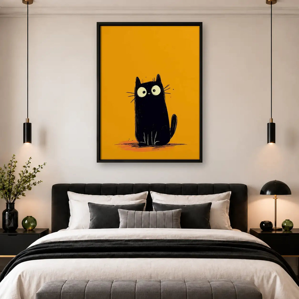 Tiny Black Cat on Yellow Wall Art 4