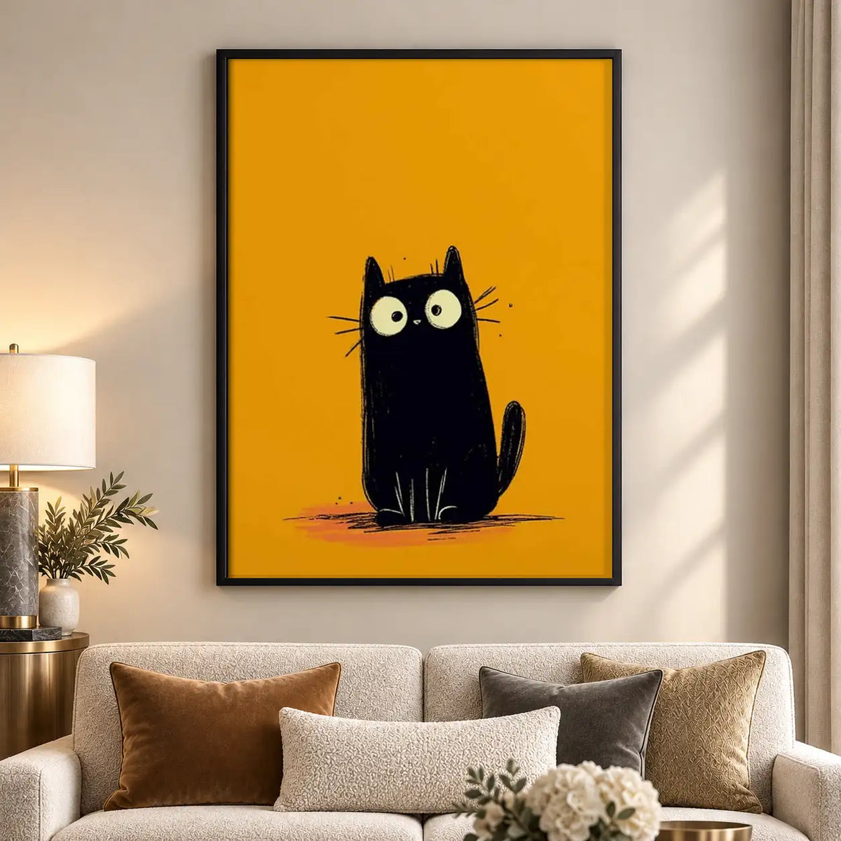 Tiny Black Cat on Yellow Wall Art 5