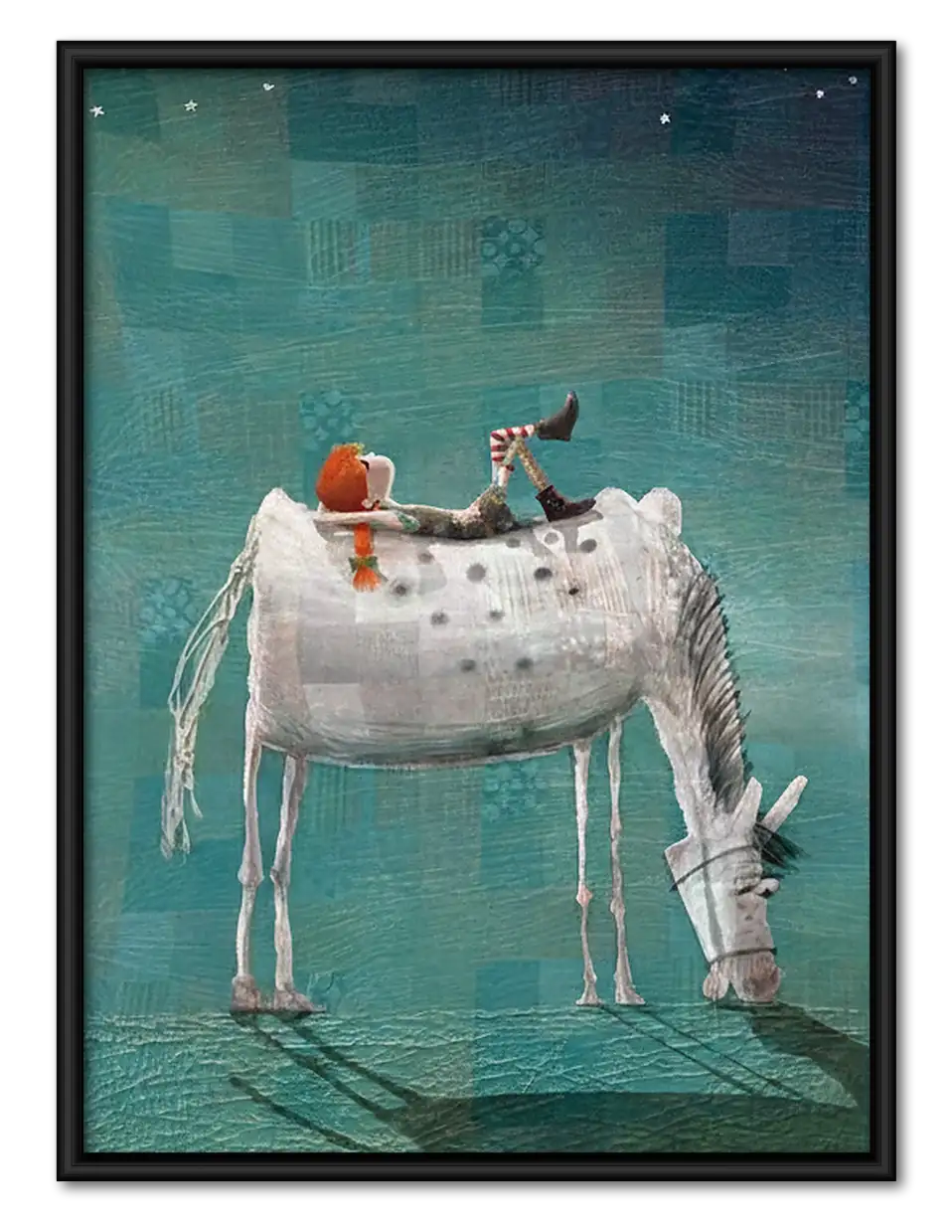 Tiny Cat Riding Tall White Horse Wall Art 1