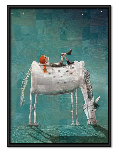 Tiny Cat Riding Tall White Horse Wall Art 1