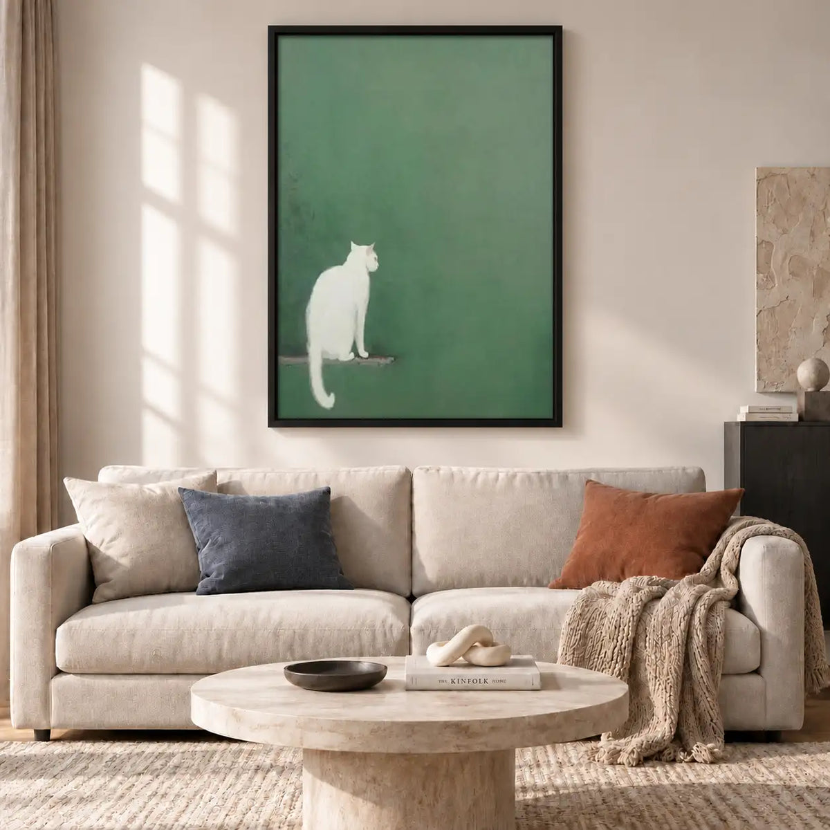 Tiny White Cat on Green Wall Art 2