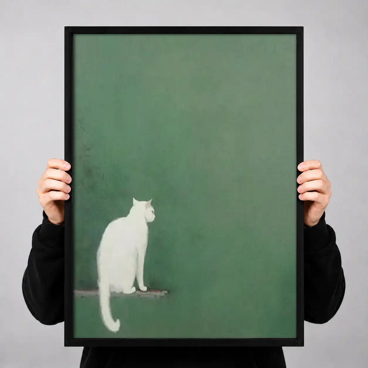Tiny White Cat on Green Wall Art 3