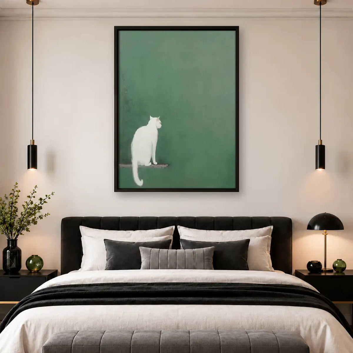 Tiny White Cat on Green Wall Art 4