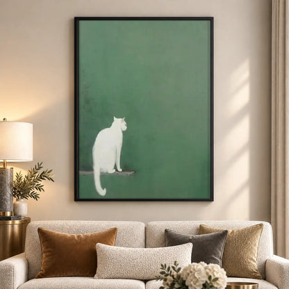 Tiny White Cat on Green Wall Art 5