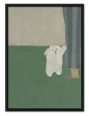 Tiny White Dog beside Green Curtain Wall Art