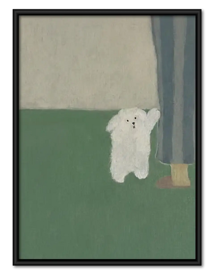 Tiny White Dog beside Green Curtain Wall Art