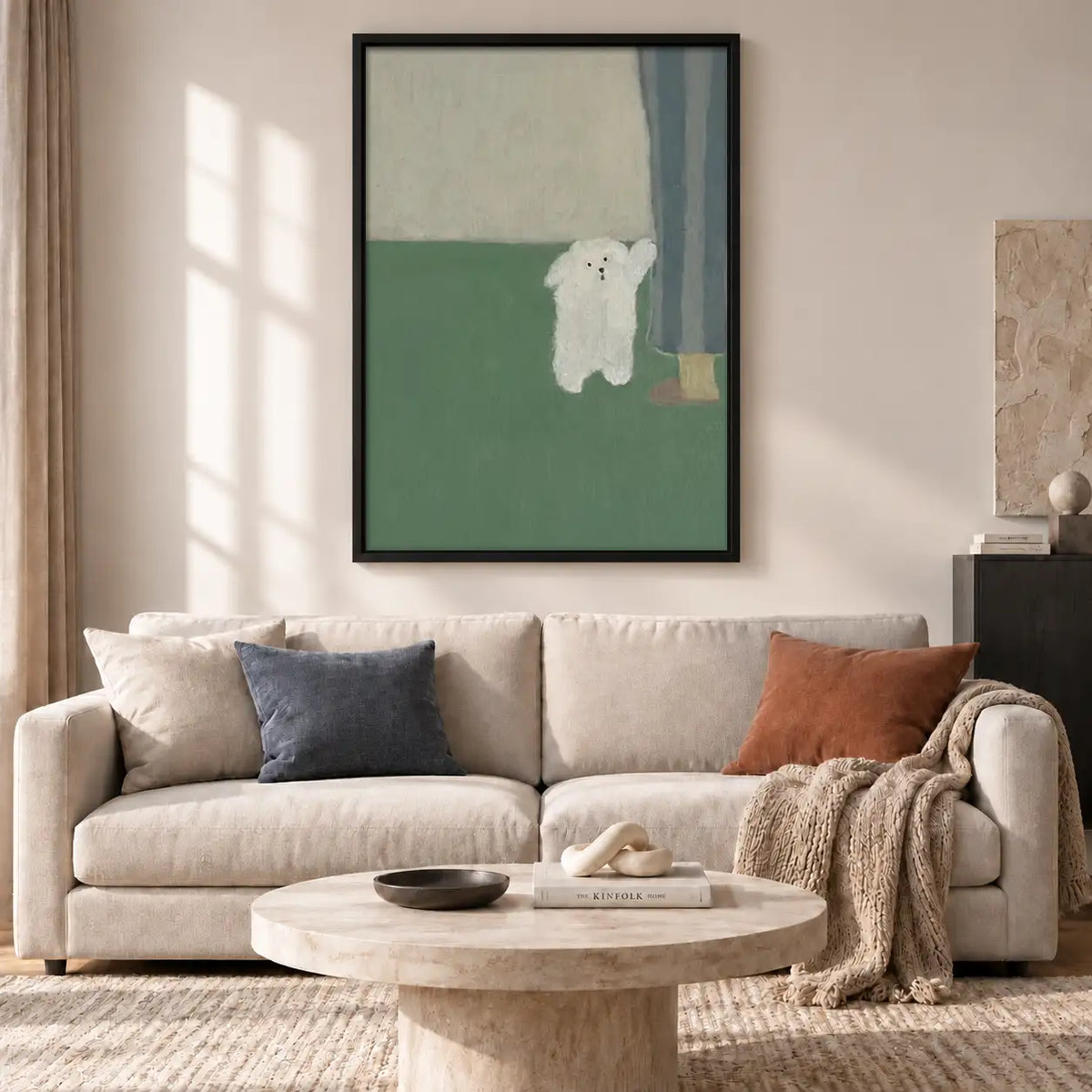 Tiny White Dog beside Green Curtain Wall Art 2