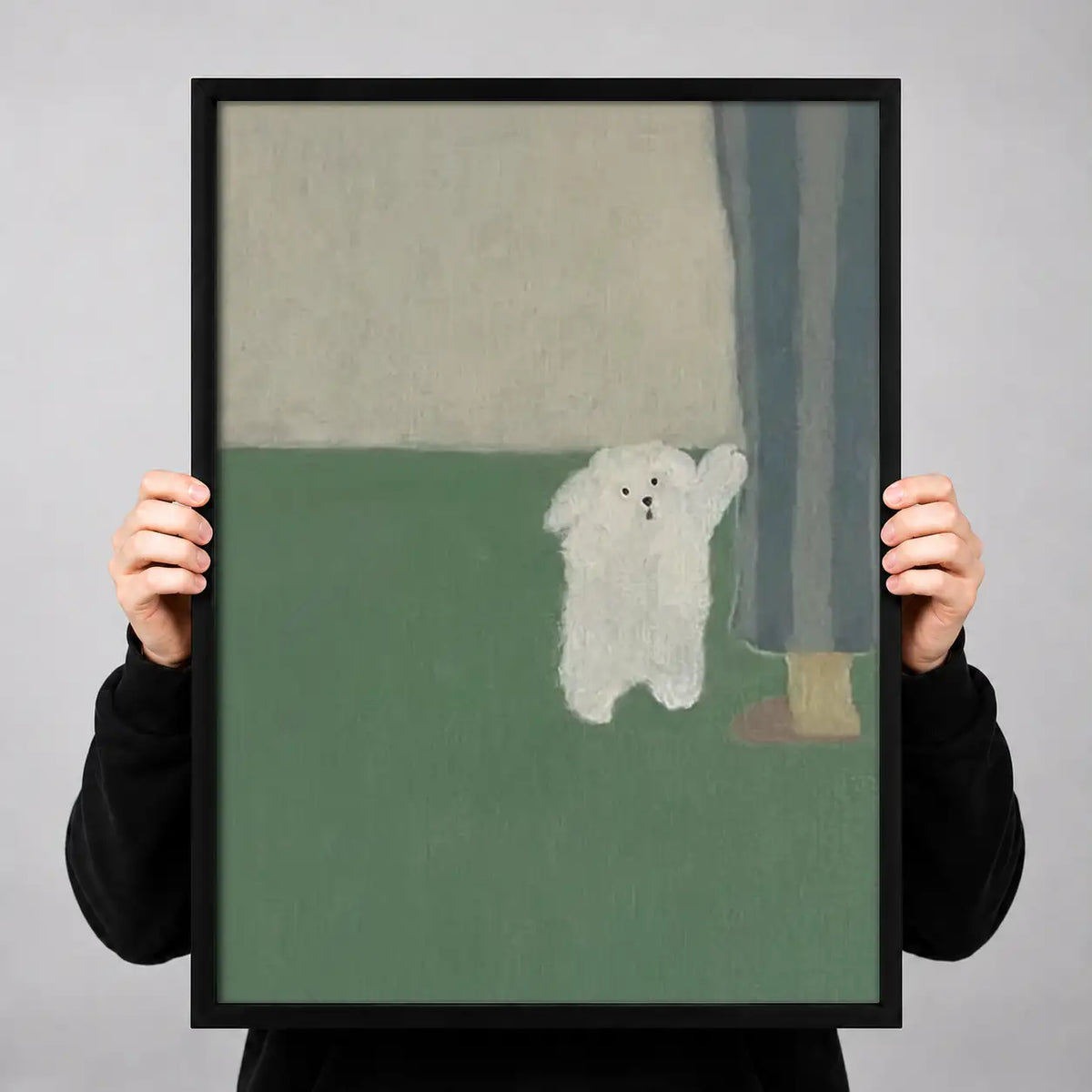Tiny White Dog beside Green Curtain Wall Art 3
