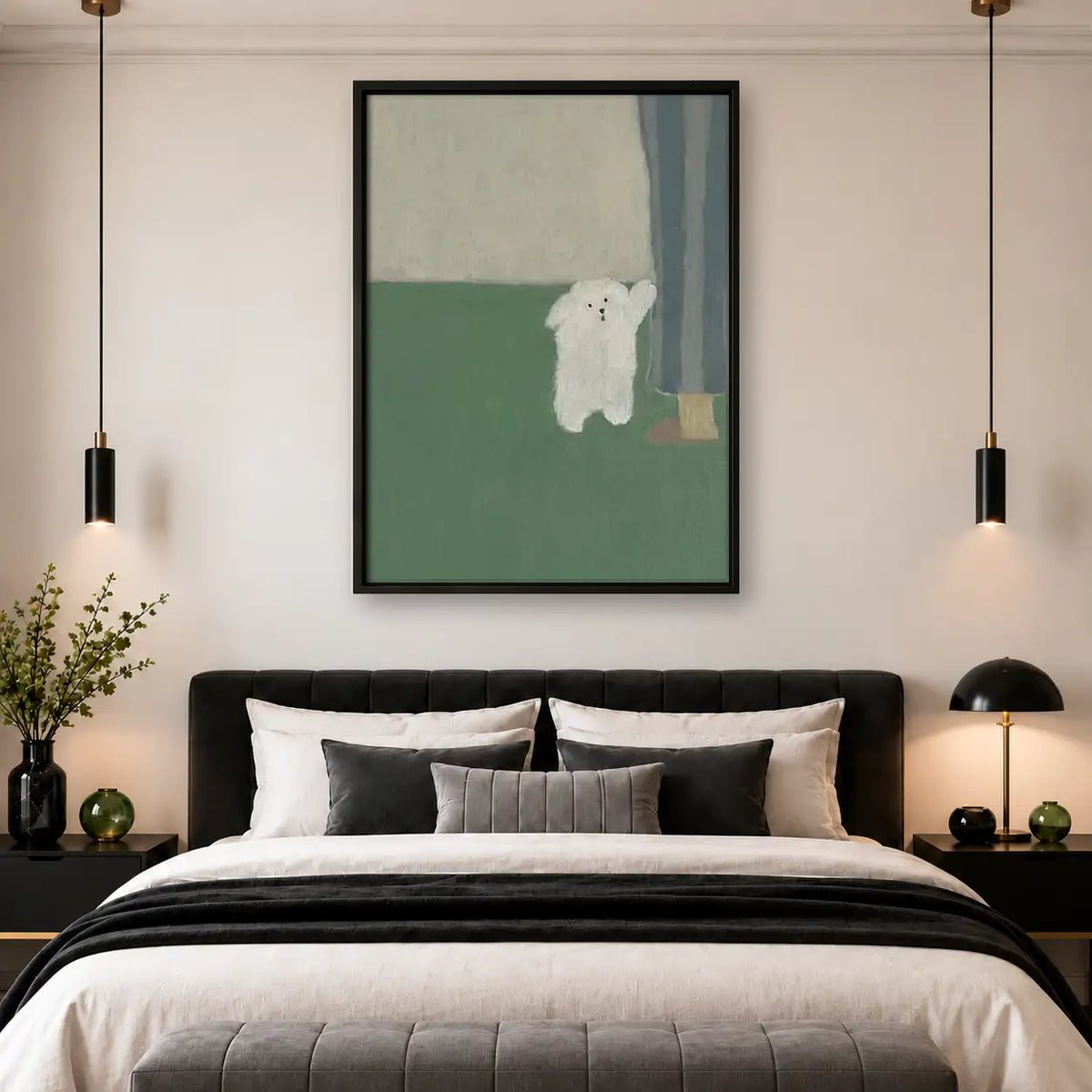 Tiny White Dog beside Green Curtain Wall Art 4