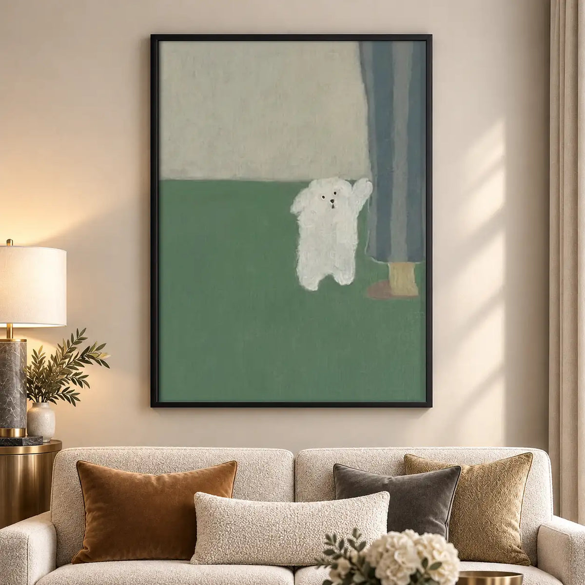 Tiny White Dog beside Green Curtain Wall Art 5