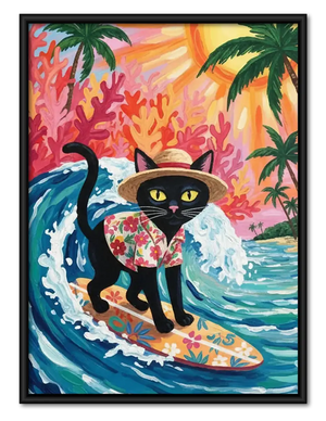 Tropical Surfing Black Cat Wall Art