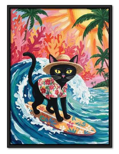 Tropical Surfing Black Cat Wall Art 1