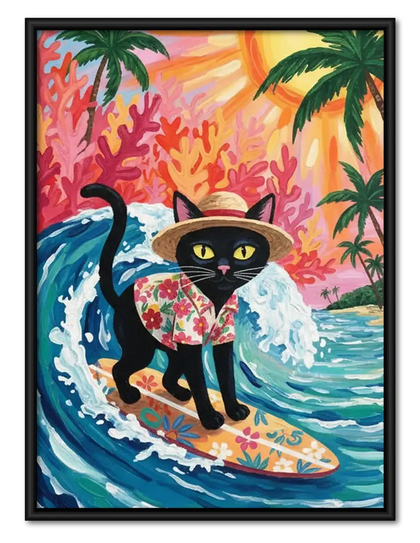 Tropical Surfing Black Cat Wall Art
