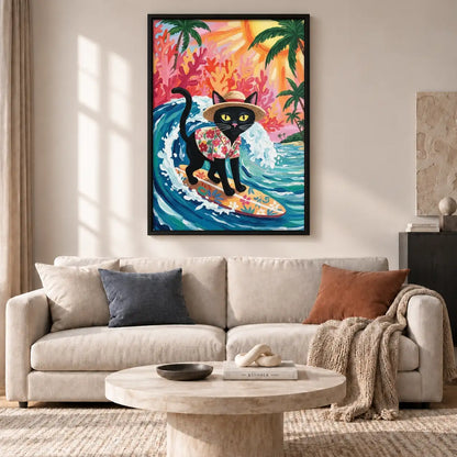 Tropical Surfing Black Cat Wall Art 2