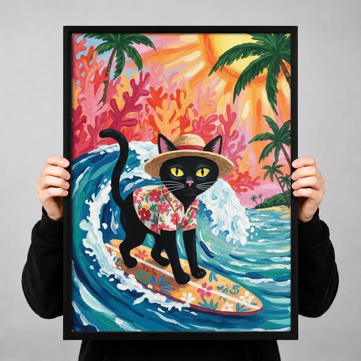 Tropical Surfing Black Cat Wall Art 3
