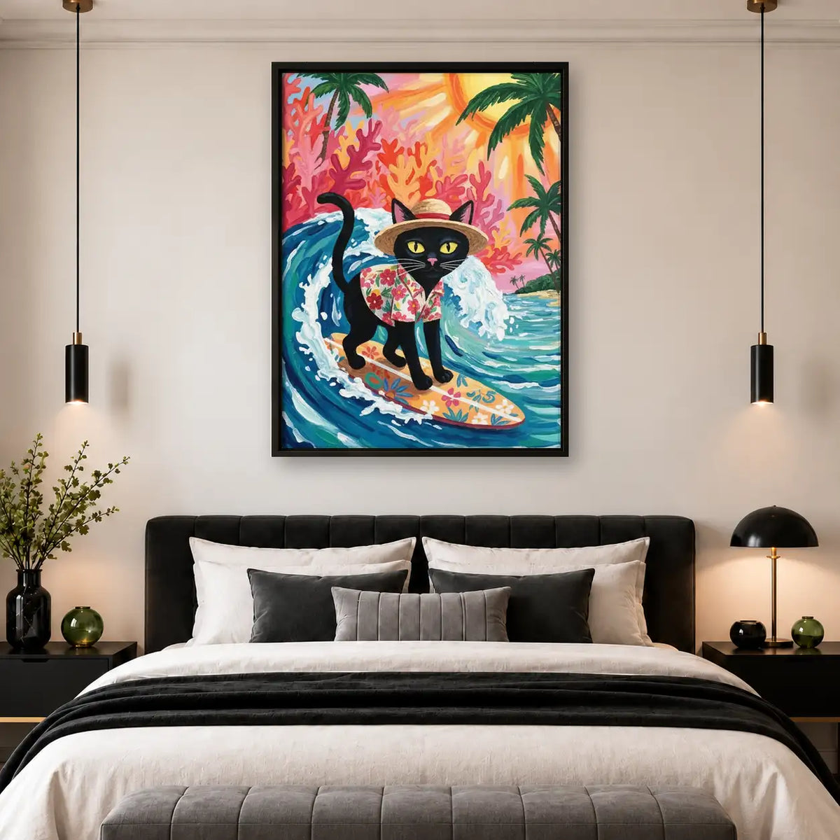 Tropical Surfing Black Cat Wall Art 4