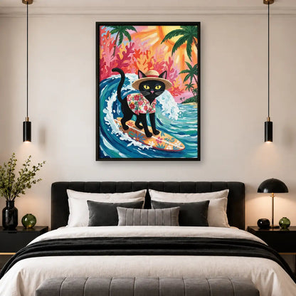 Tropical Surfing Black Cat Wall Art 4