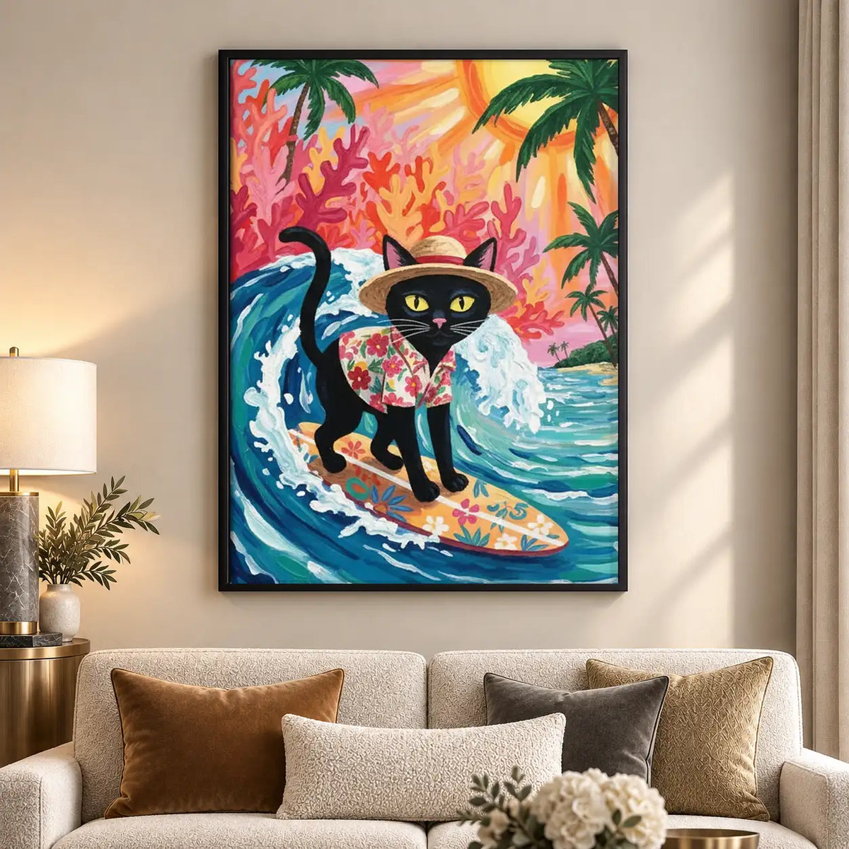 Tropical Surfing Black Cat Wall Art 5