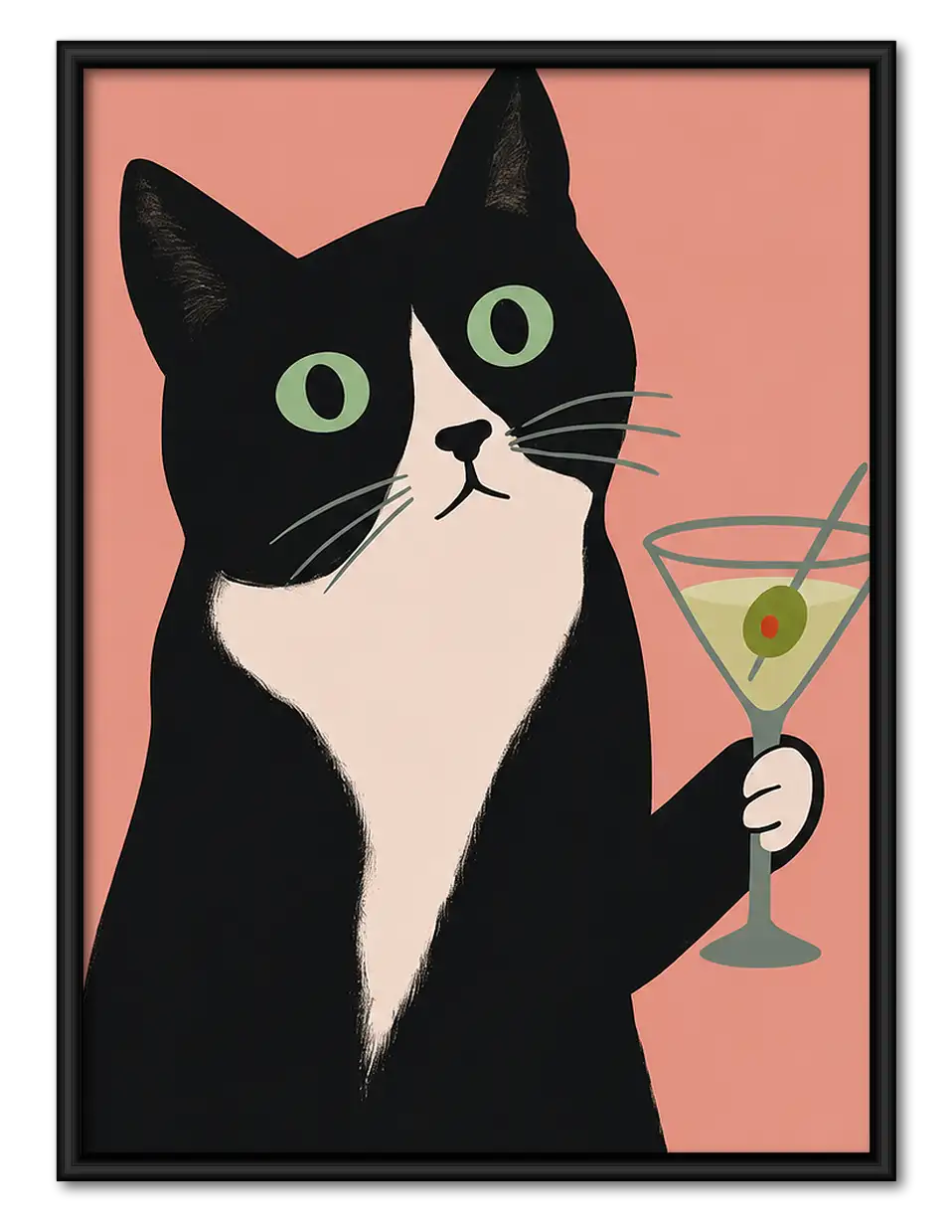 Tuxedo Cat Holding Green Martini Wall Art 1