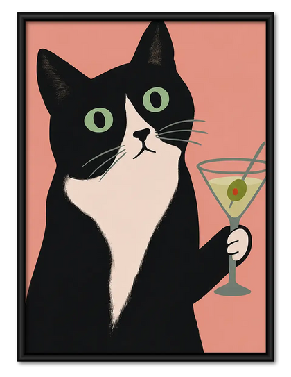 Tuxedo Cat Holding Green Martini Wall Art