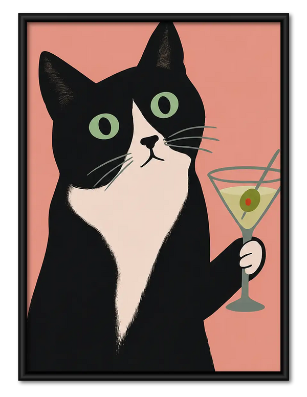 Tuxedo Cat Holding Green Martini Wall Art