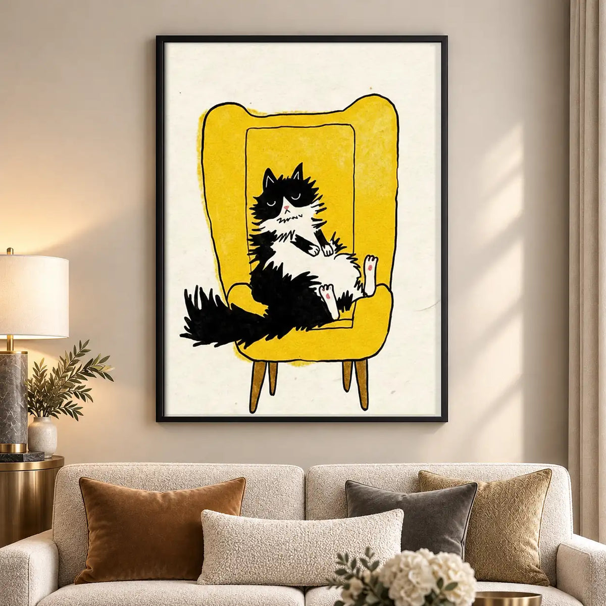 Tuxedo Cat in Yellow Armchair Wall Art 5