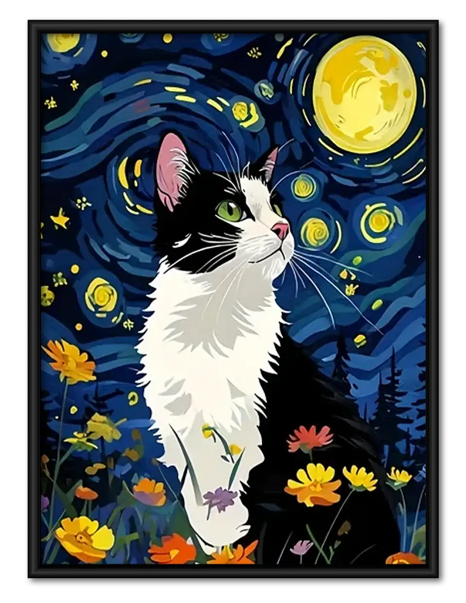 Tuxedo Cat Starry Night Wall Art 1