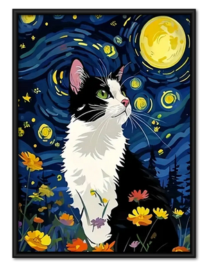Tuxedo Cat Starry Night Wall Art