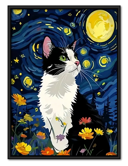 Tuxedo Cat Starry Night Wall Art