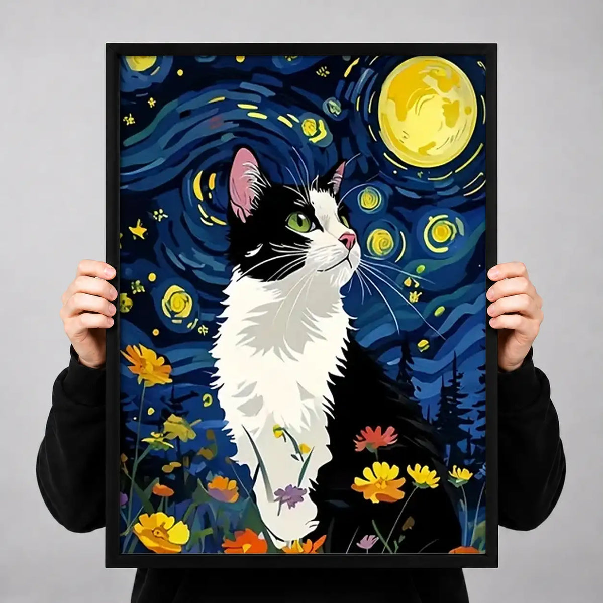 Tuxedo Cat Starry Night Wall Art 3