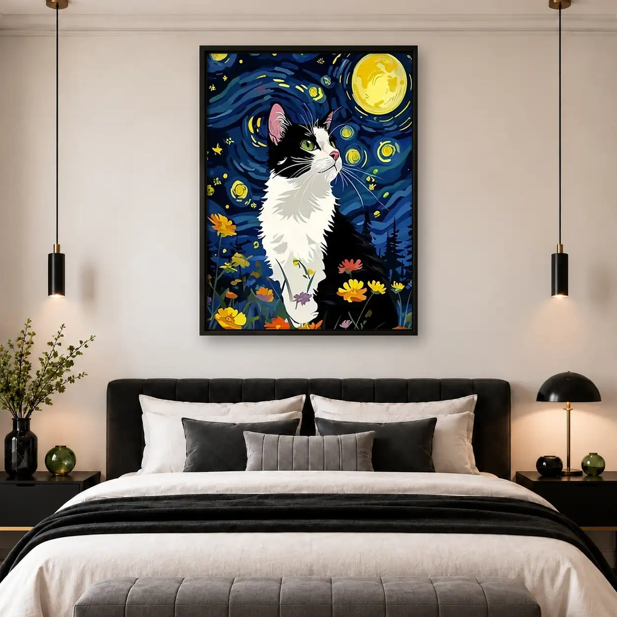 Tuxedo Cat Starry Night Wall Art 4