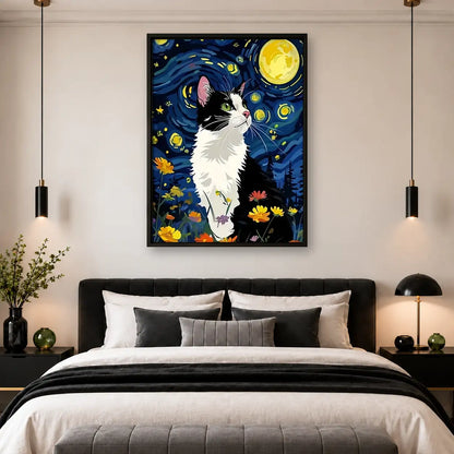 Tuxedo Cat Starry Night Wall Art 4