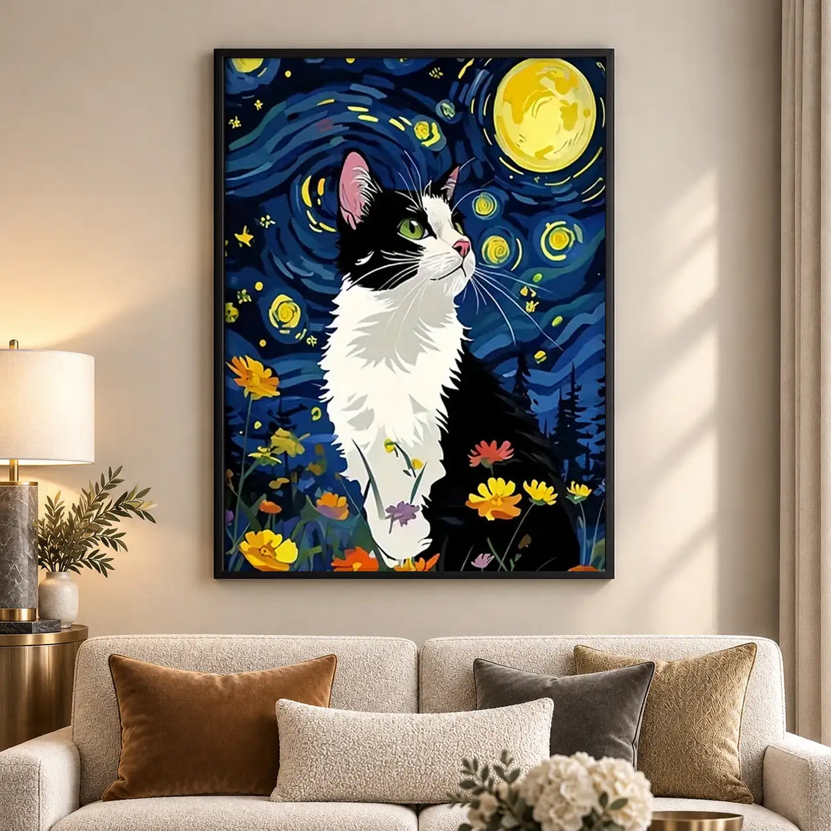 Tuxedo Cat Starry Night Wall Art 5